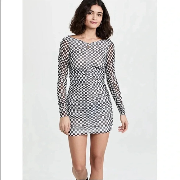 Baum Und Pferdgarten Juneaux black checkered ruched mesh mini dress - Picture 1 of 13